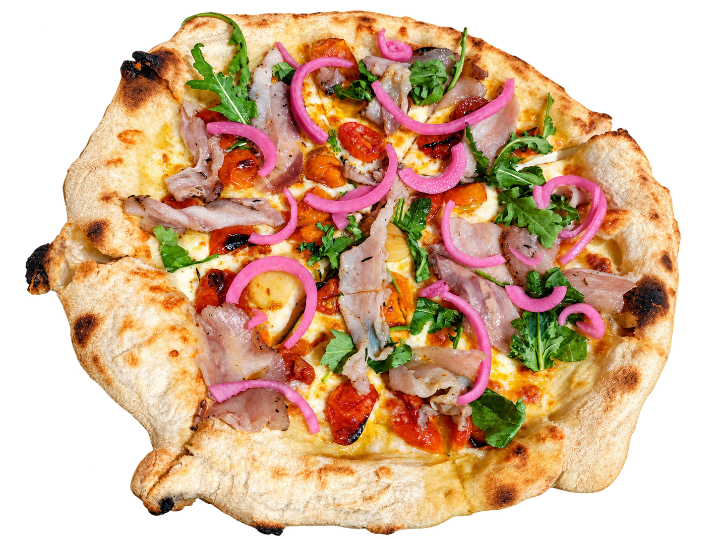 Pizza de La Rouletta con rúcula y cebolla morada