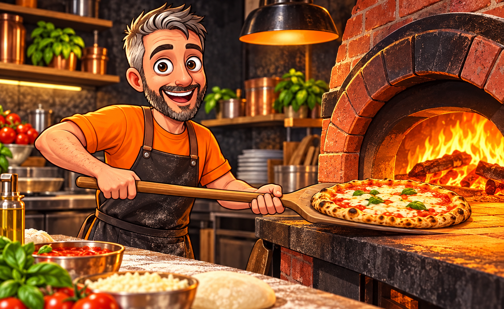 Ilustración del personaje de La Rouletta metiendo una pizza al horno